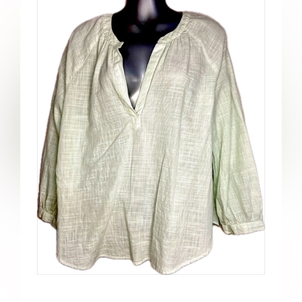 LOFT Green 3/4 Sleeve Relaxed Blouse with Mandarin Collar 100% Cotton